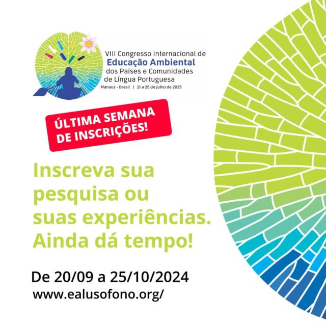 Manaus sediará a VIII edição do Congresso Internacional de Educação Ambiental dos Países e Comunidades de Língua Portuguesa, o @congressoea.

O evento acontecerá entre os dias 21 e 25 de julho de 2025. O congresso reunirá representantes dos governos e da sociedade civil em torno do debate sobre a Educação Ambiental nos países e nas comunidades de Língua Portuguesa. 

As inscrições e o período para submissão de trabalhos vão até o dia 25 de outubro. Para mais informações, acesse: www.ealusofono.org, e clique na aba “Como Participar”, ou entre no site da Sema (link na bio).

O VIII EA Lusófono é uma iniciativa coordenada pela Rede Lusófona de Educação Ambiental, Órgão gestor da Política Nacional de Educação Ambiental, e Governo do Amazonas.

#GovernoDoAmazonas #SemaAmazonas #EALusofono #EducacaoAmbiental #GovAm #MeioAmbienteAm