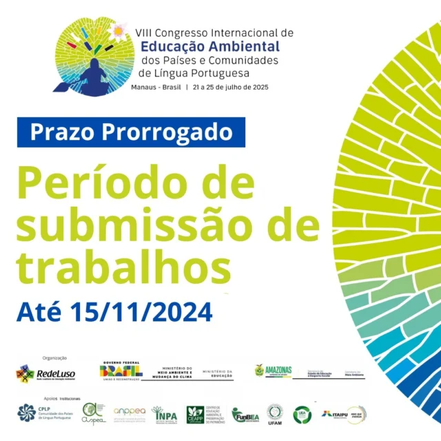 As inscrições e o período para submissão de trabalhos para a VIII edição do Congresso Internacional de Educação Ambiental dos Países e Comunidades de Língua Portuguesa, o @congressoea, foi PRORROGADO para até 15/11.

O evento acontecerá em Manaus, entre os dias 21 e 25 de julho de 2025. O congresso reunirá representantes dos governos e da sociedade civil em torno do debate sobre a Educação Ambiental nos países e nas comunidades de Língua Portuguesa.

Para mais informações, acesse: www.ealusofono.org, e clique na aba “Como Participar”, ou entre no site da Sema (link na bio).

O VIII EA Lusófono é uma iniciativa coordenada pela Rede Lusófona de Educação Ambiental, Órgão gestor da Política Nacional de Educação Ambiental, e Governo do Amazonas.

#GovernoDoAmazonas #SemaAmazonas #EALusofono #EducacaoAmbiental #GovAm #MeioAmbienteAm