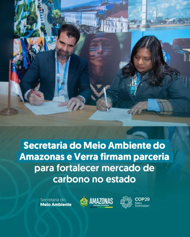 🤝O Governo do Amazonas, por meio da #SemaAmazonas, assinou hoje (13/11) um Memorando de Entendimento com a certificadora de projetos de créditos de carbono Verra, durante a COP29, que ocorre na cidade de Baku, no Azerbaijão. 

A iniciativa estabelece uma colaboração estratégica entre a Sema e a Verra, para fortalecer a regulamentação ambiental e aprimorar os mecanismos de alta integridade de mercado de carbono, promovendo a sustentabilidade e incentivando a redução de emissões de gases de efeito estufa na região amazônica.

O acordo estabelece três áreas de cooperação principais: formação de capacidades, intercâmbio de informações e fortalecimento da regulamentação. Quer saber mais? Leia a matéria completa no nosso site (link na bio). 📲

#MeioAmbienteAM #GovernoDoAmazonas #GovAM #COP29